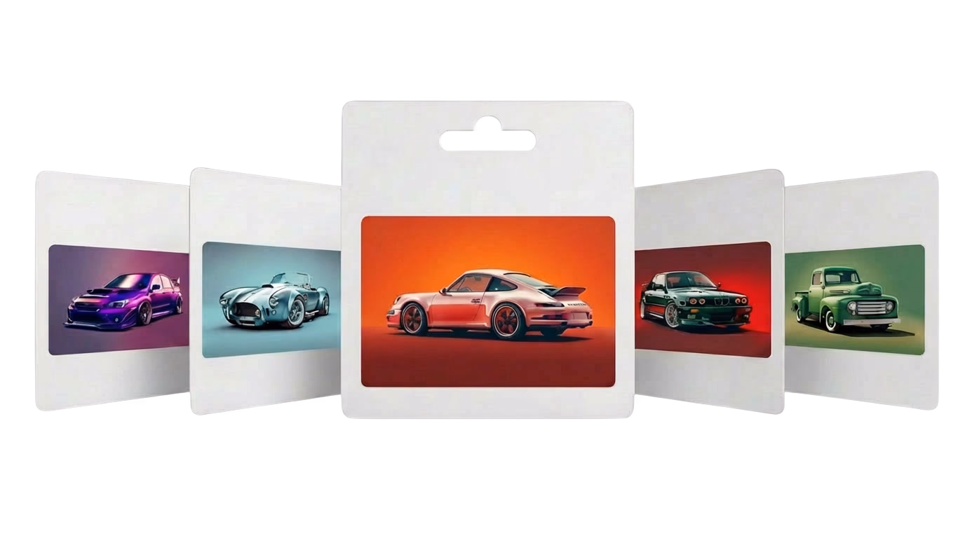 Fanned arrangement of UpDetail gift cards featuring different cars